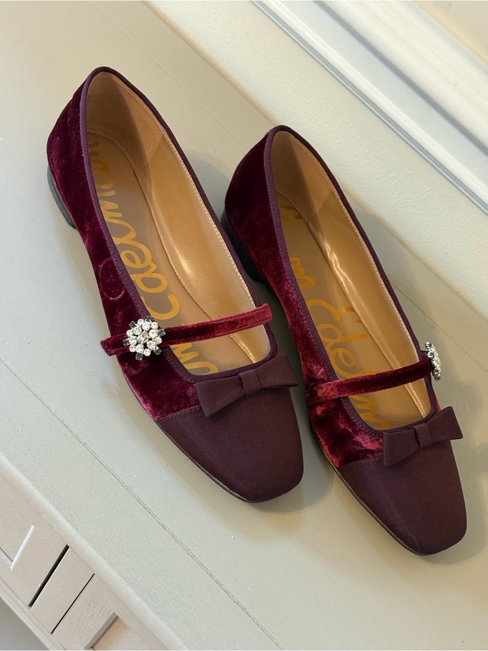 Sam Edelman Burgundy Velvet Mary Jane Flats with Bow & Rhinestone